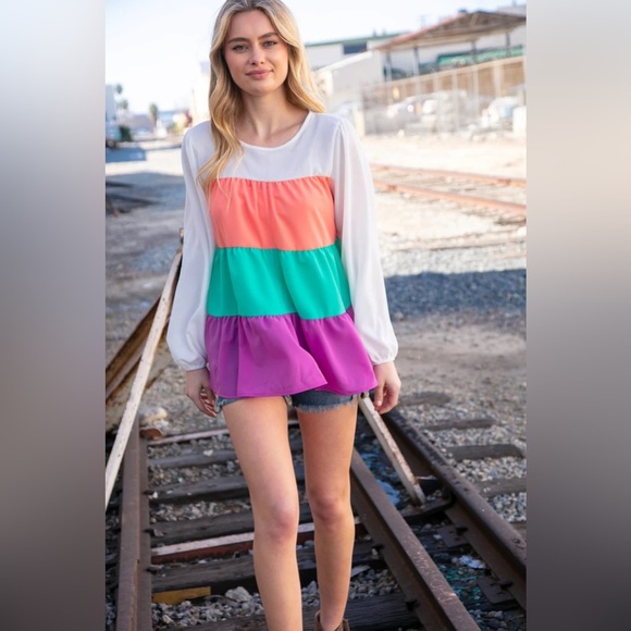 Ivory & Peach Woven Crepe Tiered Blouse - Picture 9 of 13